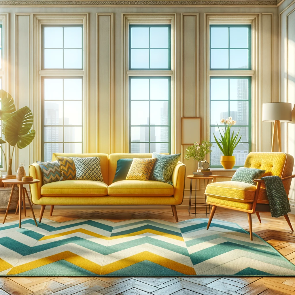 Ein helles und gemütliches Wohnzimmer mit Retro-Möbeln im Stil des Mid-Century-Modern-Designs. Das Zimmer verfügt über große Fenster, durch die natürliches Licht einfällt und ein gelbes Sofa und einen Sessel mit Holzbeinen hervorhebt, ergänzt durch gemusterte Kissen. Ein geometrischer Chevron-Teppich in Blau- und Grüntönen bedeckt den Holzboden. Es gibt einen Holztisch und eine große Topfpflanze, die zur lebhaften Atmosphäre beitragen. Das Gesamtdesign strahlt eine fröhliche Retro-Stimmung aus, die typisch für die Mid-Century-Modern-Ästhetik ist.