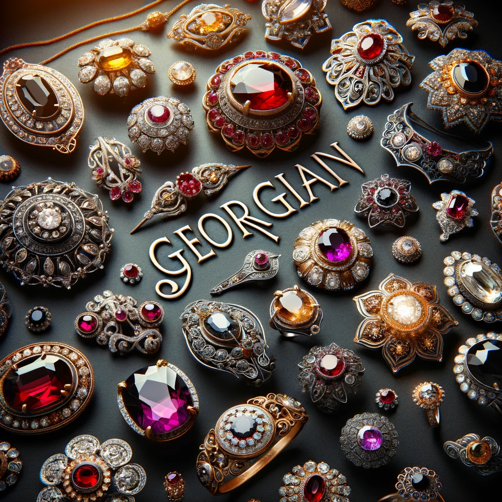 A collection of Georgian jewelry pieces, featuring intricate designs with gemstones such as rubies, diamonds, and topaz. The collection includes brooches, rings, and pendants, each adorned with detailed settings and embellishments. The background is black, highlighting the elegance and craftsmanship of the jewelry. The word 'Georgian' is displayed in elegant text. 