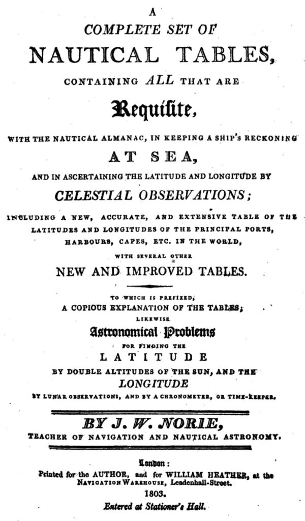 The 1803 edition of A Complete Set of Nautical Tables by J.W. Norie, containing advanced tables for celestial navigation, vital for seafarers navigating the open seas.