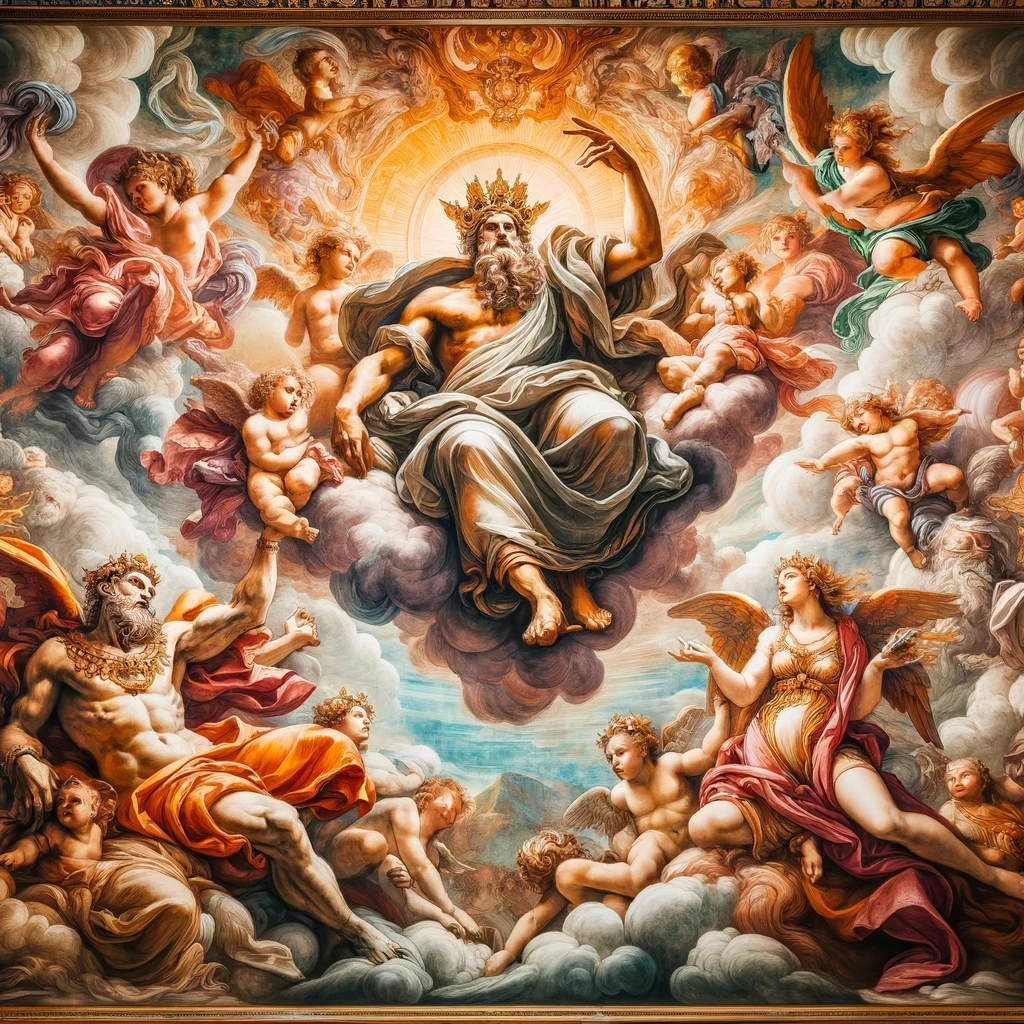 A detailed fresco painting in Renaissance style, depicting a mythological scene with gods and cherubs. The central figure is a powerful deity with expressive eyes, surrounded by cherubs and other divine figures, set against a vibrant and dynamic background. The artwork showcases intricate details, flowing robes, and a rich color palette typical of Renaissance art. Ensure the central figure's eyes are clearly visible and detailed.