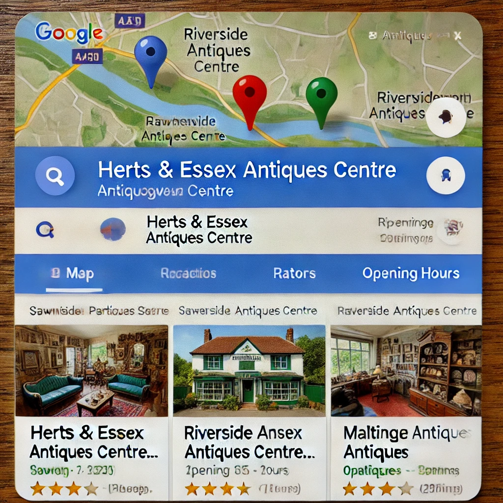 A Google Places snippet showing a map and details of three antique stores.