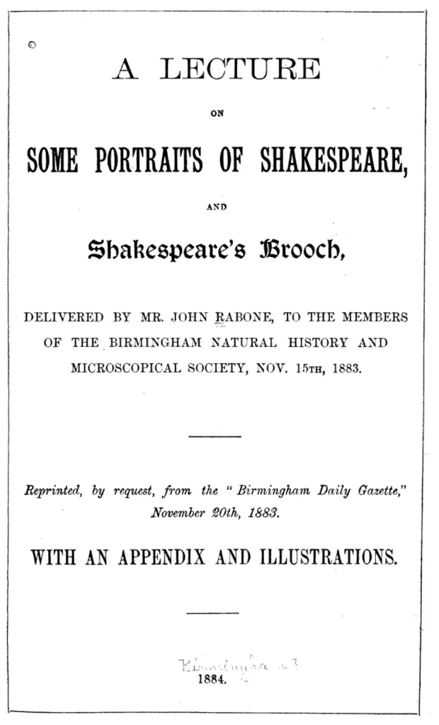 Cover of the 1883 lecture delivered by John Rabone on Shakespeare’s brooch and portraits.