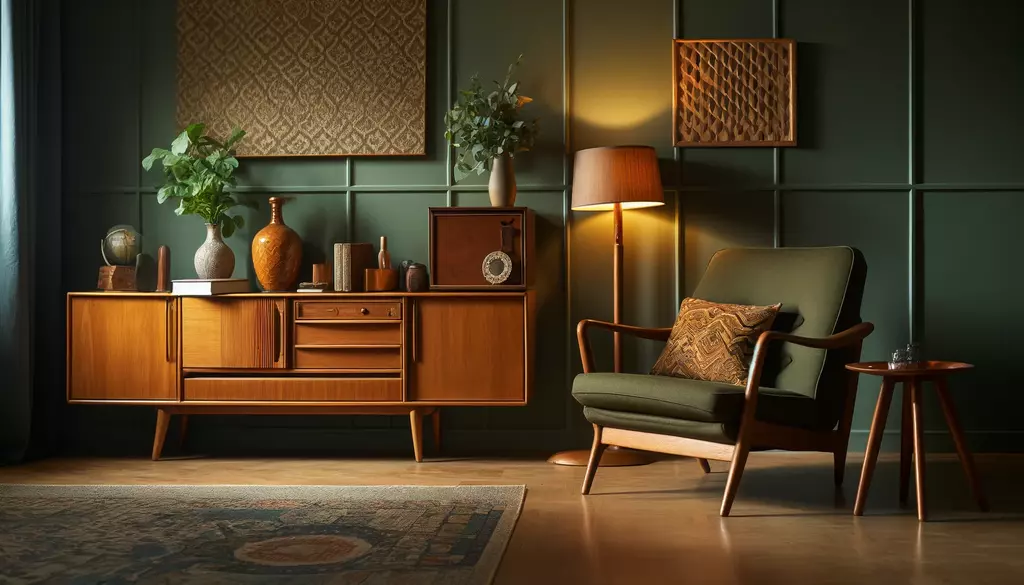 Ein gemütliches und stilvolles Wohnzimmer im Mid-Century-Modern-Stil. Das Zimmer verfügt über vintage Holzmöbel, darunter ein Sideboard und ein Sessel mit grüner Polsterung und einem gemusterten Kissen. Eine warmfarbene Tischlampe steht auf dem Sideboard, zusammen mit verschiedenen dekorativen Gegenständen. Die Wand ist grün gestrichen mit einer Akzenttapete in Textur. Die Atmosphäre ist warm und einladend mit einem Retro-Design.
