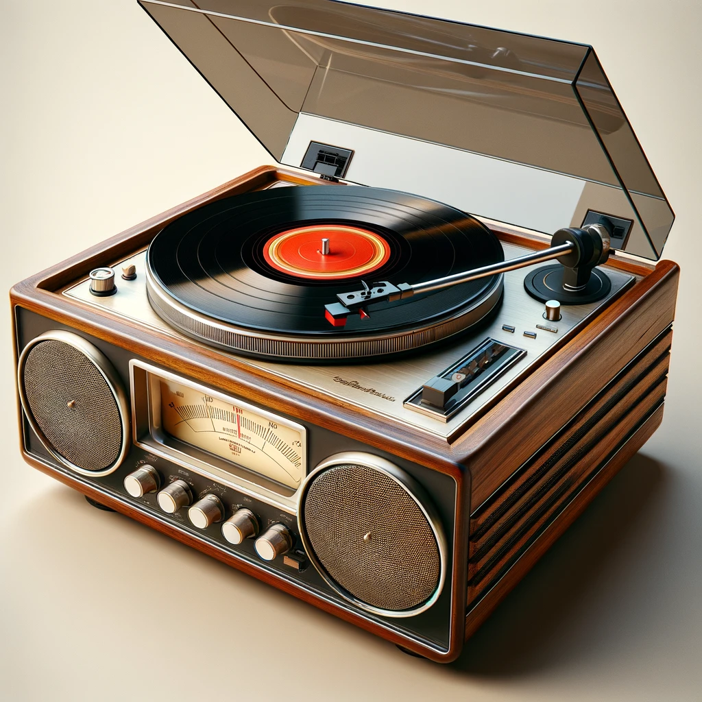 A retro turntable from the 1970s. The turntable has a wooden base with a sleek, vintage finish, and a clear dust cover. It features large mesh grille speakers on the front, a classic tonearm, and a vinyl record playing with a vibrant red label. The design exudes a nostalgic 1970s feel, capturing the essence of vintage electronics from that era.