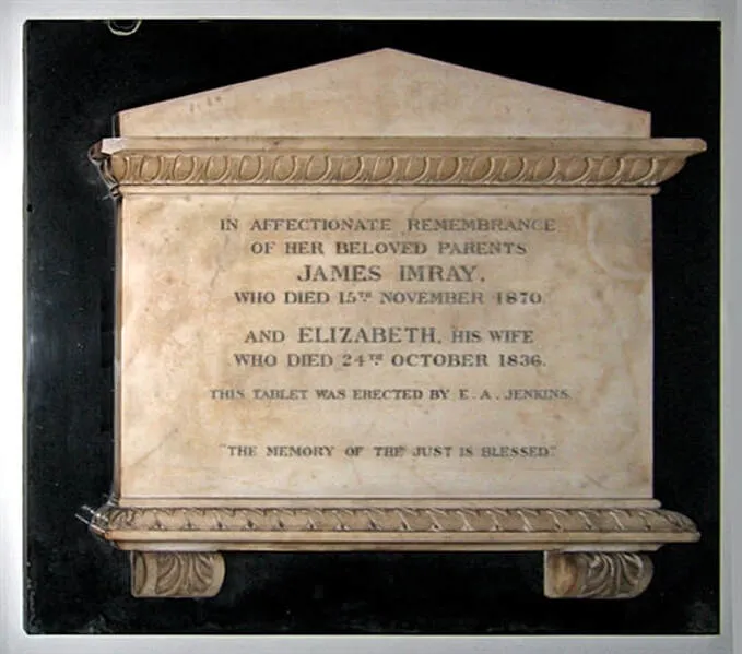 A memorial plaque dedicated to James Imray (1803–1870) and his wife Elizabeth Imray (d. 1836). The tablet, erected by their daughter E.A. Jenkins, honors their memory with the inscription: The memory of the just is blessed.