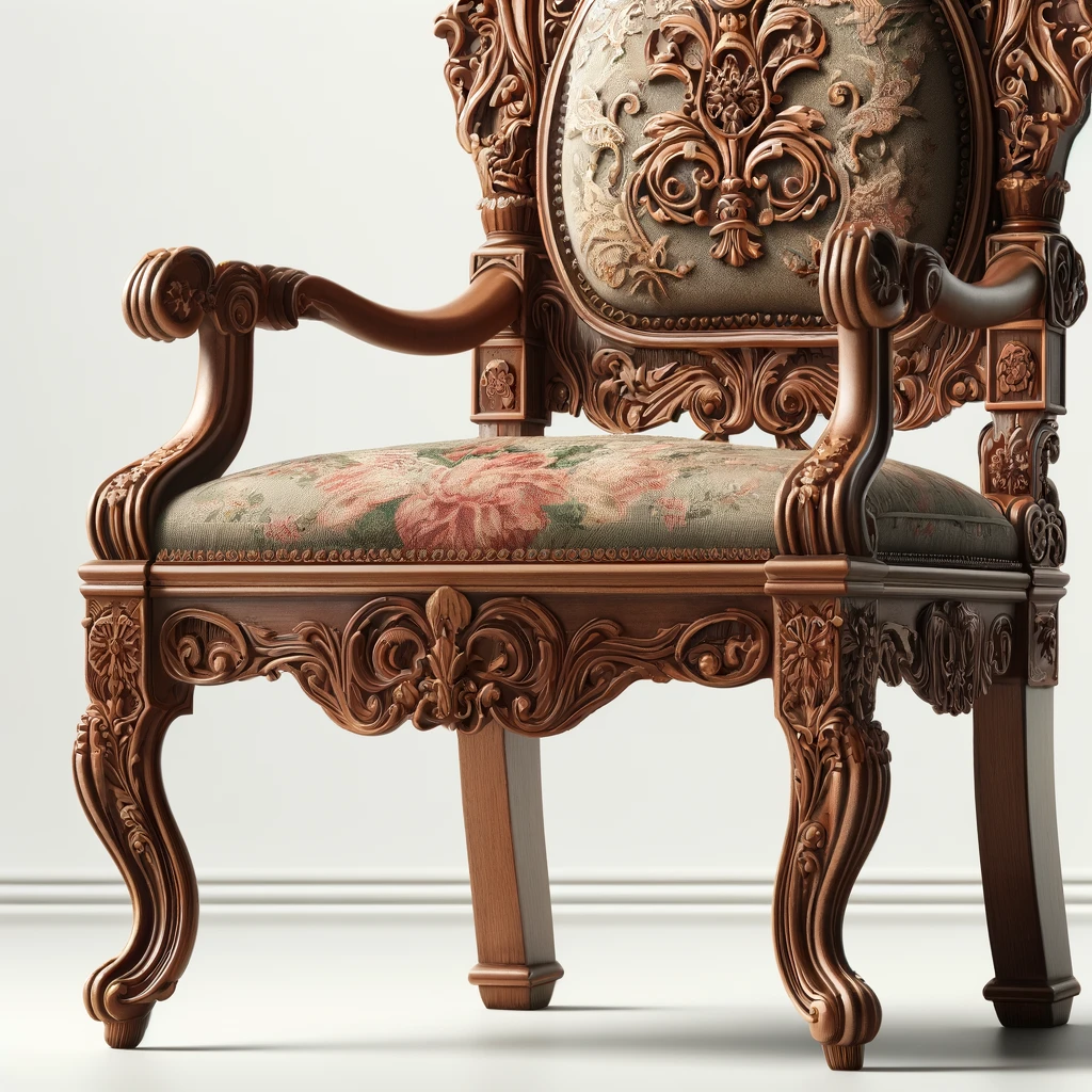 An antique wooden chair with intricate carvings and a floral upholstered seat. The chair has a high, ornately carved backrest and elaborately decorated legs. The upholstery features a vintage floral pattern. 