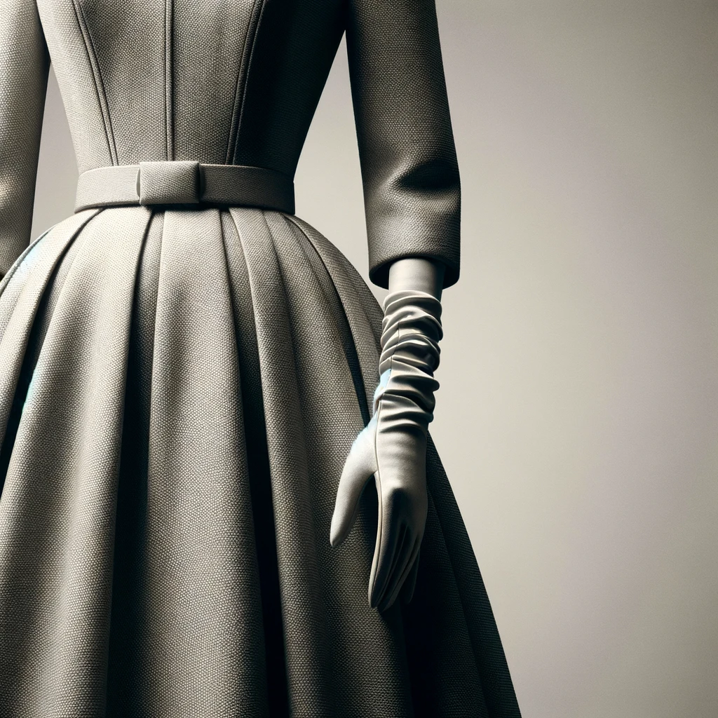 An elegant vintage dress from the mid-20th century. The dress is tailored with a fitted waist and a flared skirt.