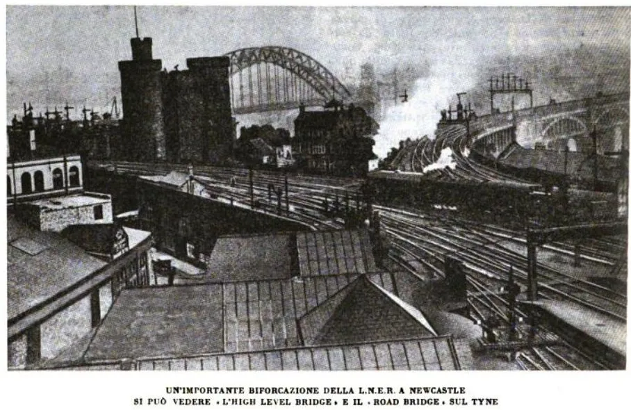 An important junction of the LNER in Newcastle, featuring the High Level Bridge and the Road Bridge over the River Tyne. This bustling railway hub played a crucial role in connecting key routes in the region.