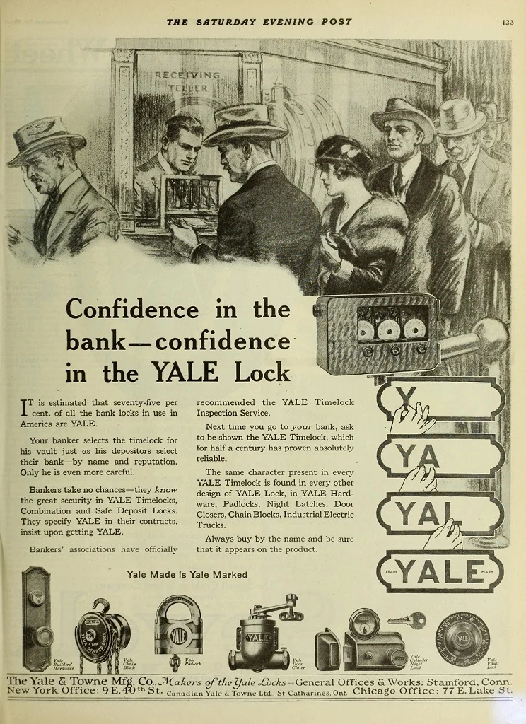 Antikes Werbeplakat für das Yale Bankenschloss betont dessen Vorherrschaft: Bewacht seit Beginn rund 3/4 der Banken in Amerika mit bewährter Sicherheit.