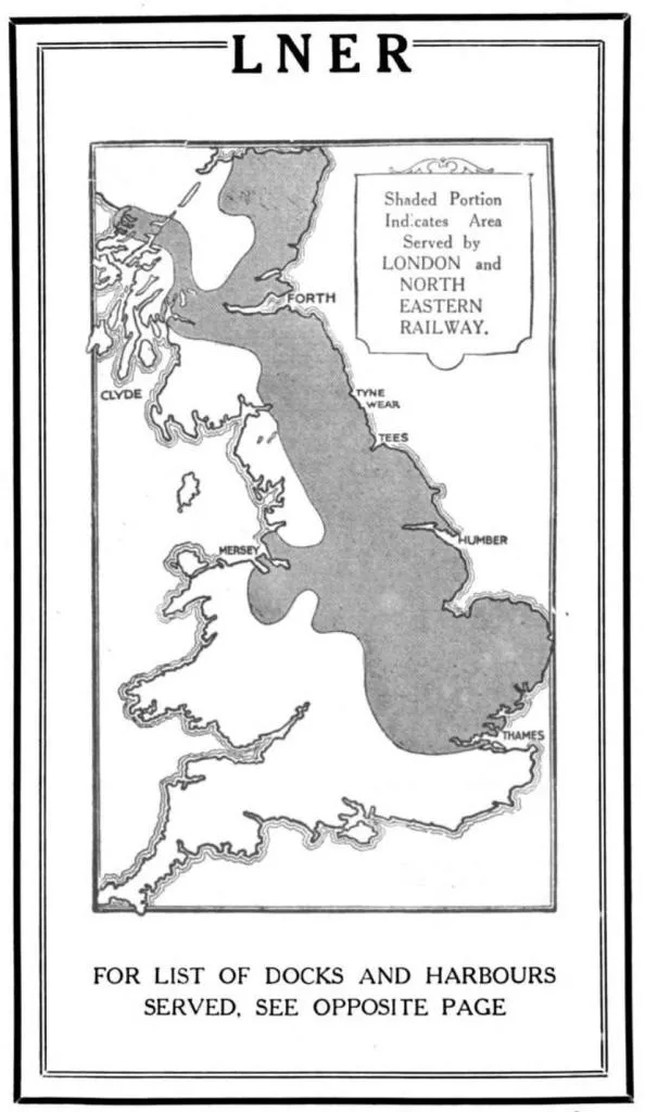 A 1924 map illustrating the extensive area served by the London and North Eastern Railway (LNER), covering major ports, industrial regions, and transport hubs across England and Scotland. The shaded portion highlights LNER's reach, including key locations such as the Thames, Humber, Tees, Tyne, Wear, Forth, Clyde, and Mersey.