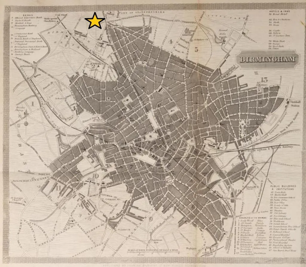 A historical map of Birmingham, with the Hockley Abbey Works prominently marked, illustrating the city’s industrial vibrancy.