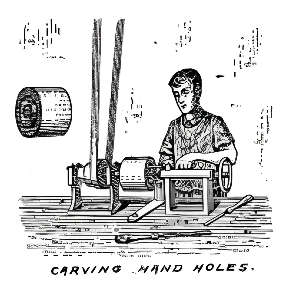 A worker carves hand holes into a hat block using a lathe and gouging tools.