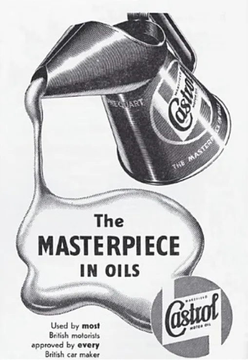 Castrol-Werbung – The Masterpiece in Oils. Eine historische Anzeige, die Castrol als bevorzugte Wahl britischer Autofahrer und Automobilhersteller bewirbt.