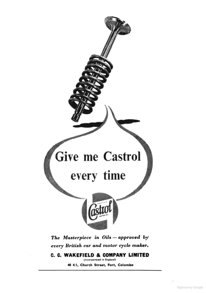 Castrol-Werbung, Colombo, 1952. Eine historische Anzeige für Wakefield Castrol Motor Oil, die seine bewährte Qualität für britische Autos und Motorräder hervorhebt.