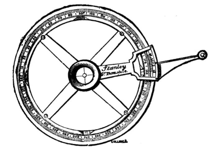 Circular protractor with vernier and arm by Stanley London. This precision instrument was used for measuring and transferring angles with high accuracy in surveying and engineering applications.