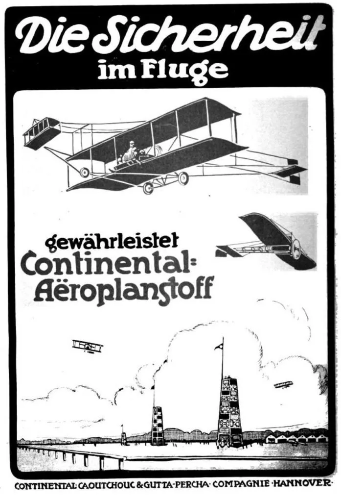 An advertisement showcasing Continental’s Aeroplane Fabric, which played a crucial role in early aviation development.