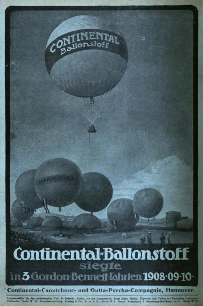 A 1912 advertisement from showcasing Continental’s balloon fabric, which was instrumental in gas balloons and Zeppelins, winning multiple Gordon Bennett races.