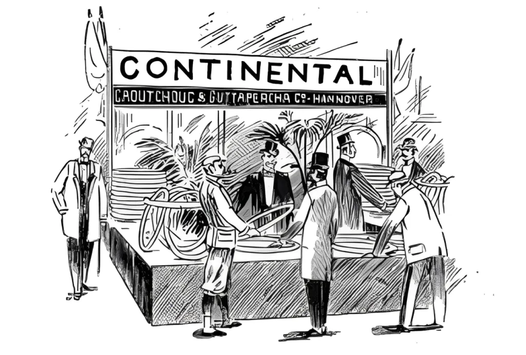 Continental’s exhibition booth at the 1896 Salon du Cycle in Paris, showcasing their high-quality bicycle tires. The booth attracted a great deal of attention from trade professionals and cycling enthusiasts.