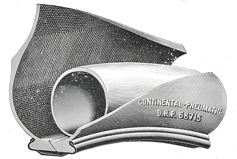 A detailed technical drawing of the Continental-Pneumatic tire design, patented as D.R.P. 68715.