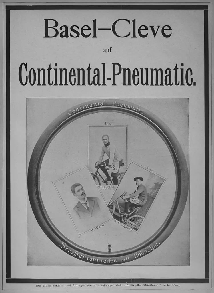 A Continental-Pneumatic advertisement from 1894, promoting their high-performance bicycle tires used in major cycling competitions.