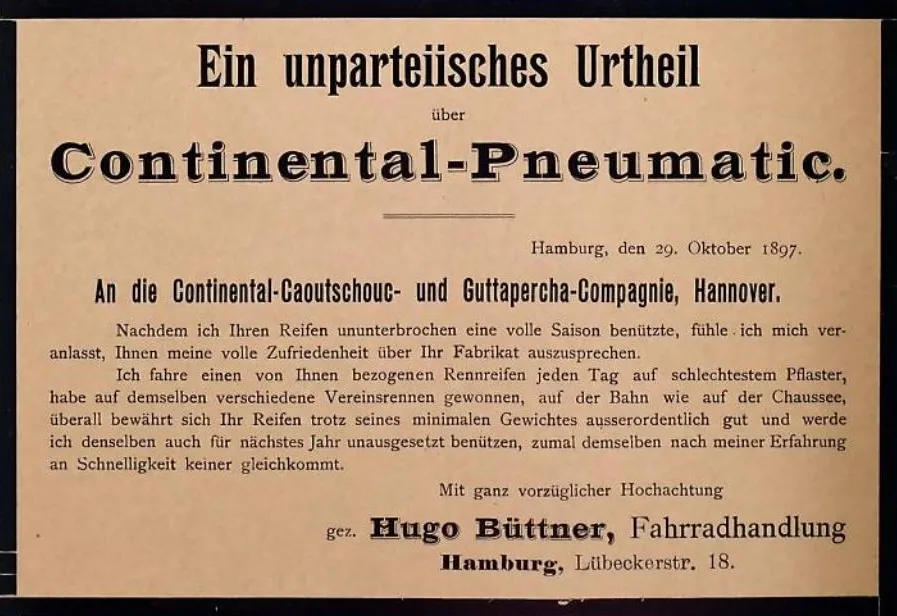 A glowing testimonial from Hugo Büttner, a Hamburg-based cyclist and dealer, praising the Continental-Pneumatic tires for their unbeatable speed and reliability (1897).