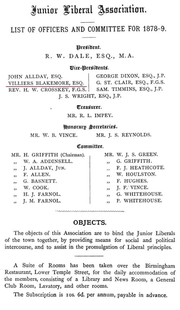 A page from the Junior Liberal Association officers' list for 1878-79, showing Villiers Blakemore, Esq., as one of the Vice-Presidents, highlighting his political involvement in Birmingham’s liberal movement.