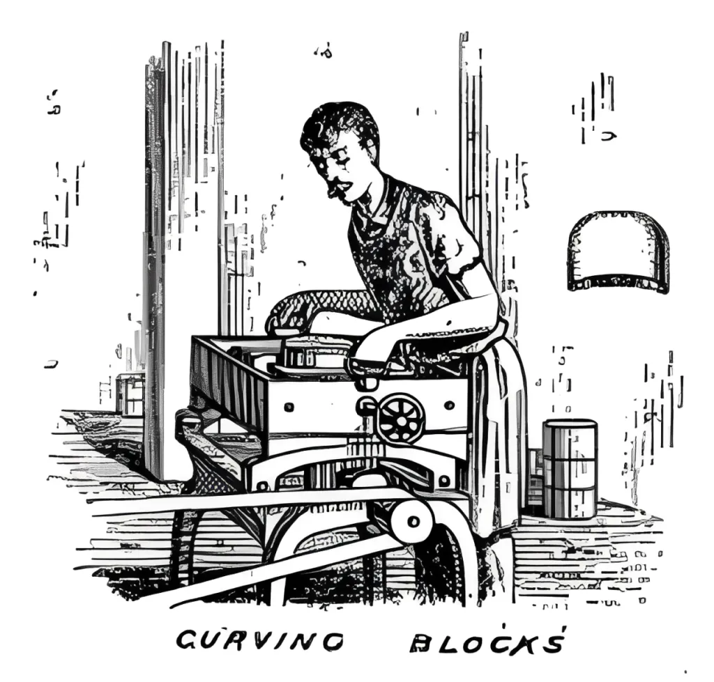 A craftsman carefully curves the bottom of a hat block using specialized revolving knives.