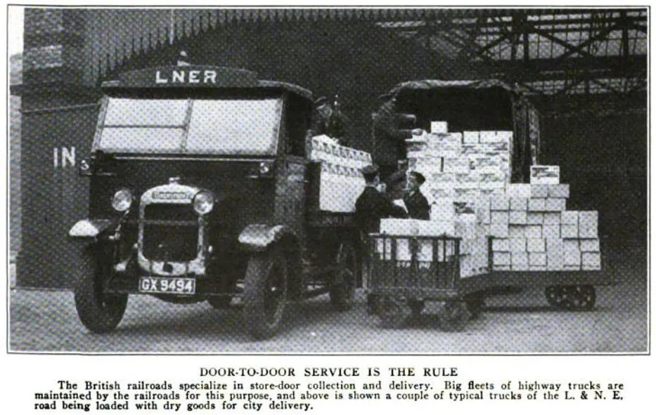 LNER’s door-to-door freight service in action. British railroads, including the LNER, maintained large fleets of highway trucks to facilitate store-door collection and delivery. This image shows LNER trucks being loaded with dry goods, ensuring efficient urban distribution.