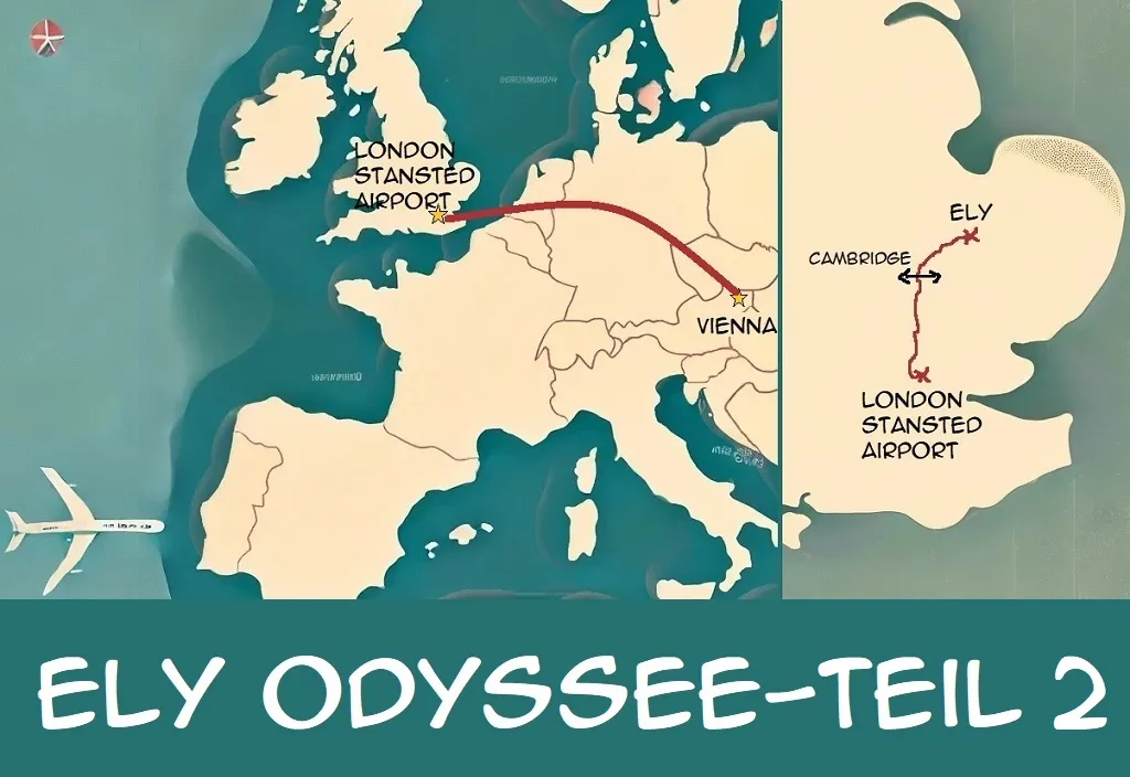 Karte, die die Reise von Wien nach Ely über den Flughafen London Stansted zeigt, mit wichtigen Zwischenstopps, darunter Cambridge, in der Ely-Odyssee - Teil 2.