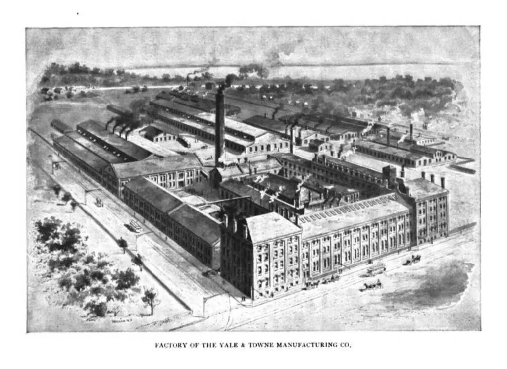 Die Fabrik der Yale & Towne Manufacturing Co., dargestellt in The Engineering Magazine, New York, 1897. Dieses Werk war ein bedeutendes Zentrum für die Herstellung innovativer Schloss- und Sicherheitssysteme.