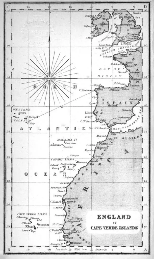 A detailed nautical chart from A Self-Instructor in Navigation and Nautical Astronomy, showing routes from England to the Cape Verde Islands.