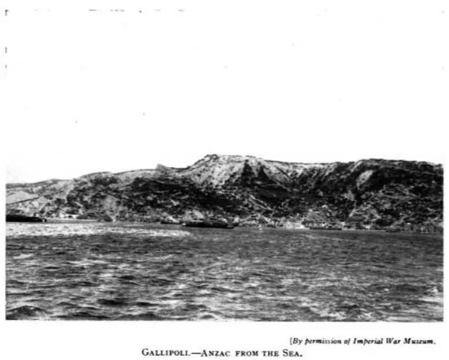 A view of Gallipoli from the sea, where thousands of British and ANZAC troops landed under heavy fire.