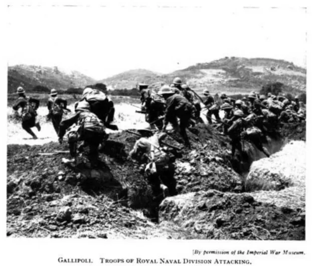 Troops of the Royal Naval Division, including the Royal Marines, launching an attack during the Gallipoli Campaign.