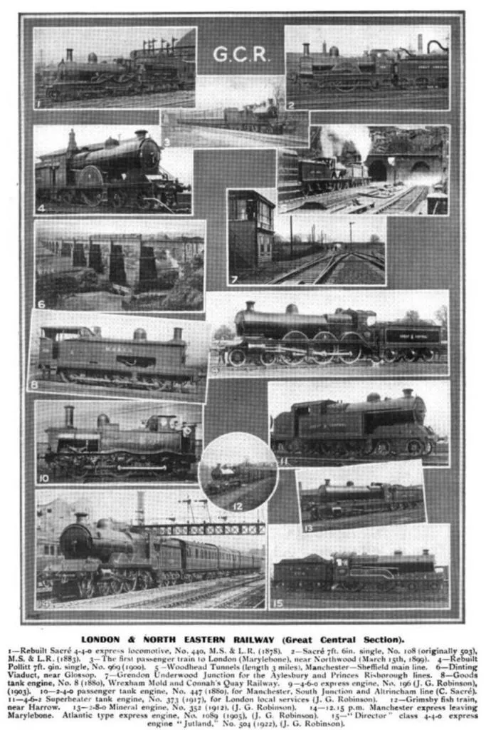 A collection of locomotives and infrastructure from the Great Central Railway, including notable engines such as the Sacré 4-4-0 express locomotive and J.G. Robinson’s Director class express engine.