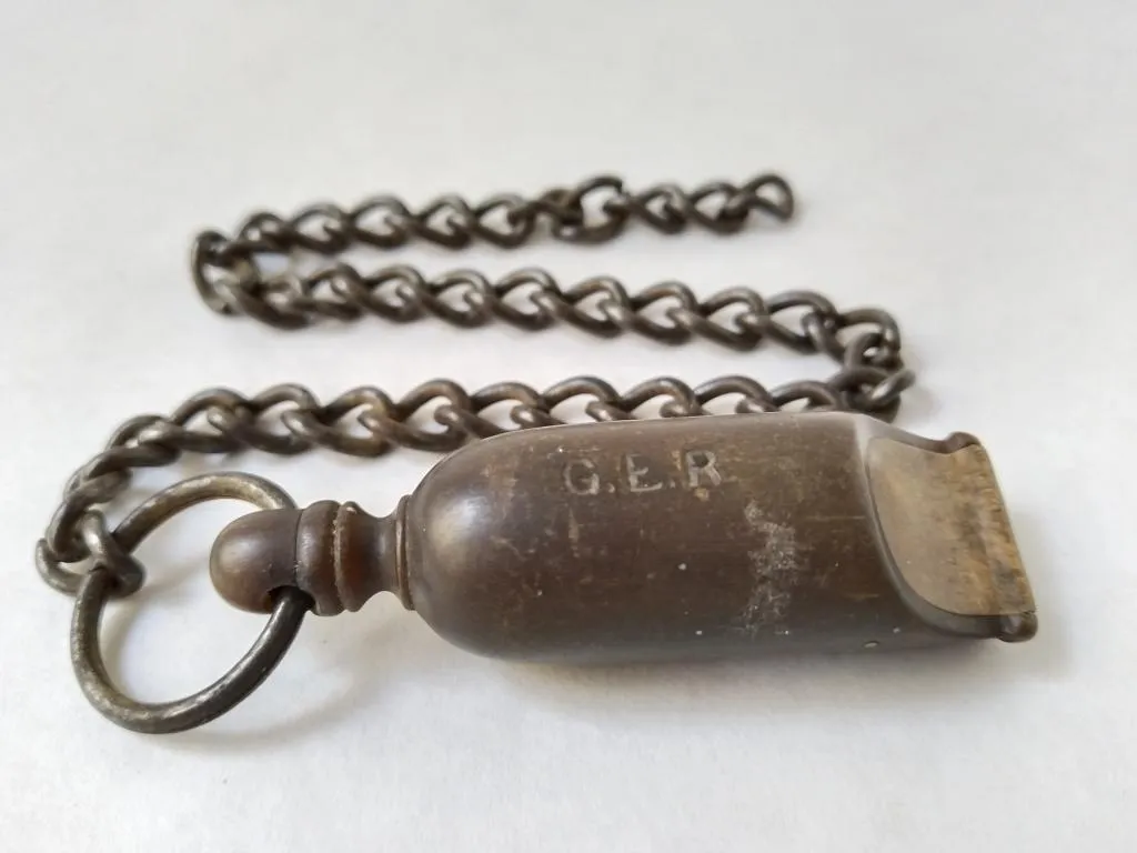 This is a Great Eastern Railway Horn Pea Whistle. The whistle, made from a horn, features the abbreviation 