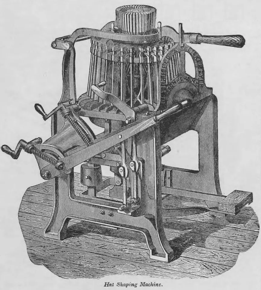 A hat shaping machine that replaced some aspects of wooden block shaping, particularly for fur hats that required precise form before final blocking.