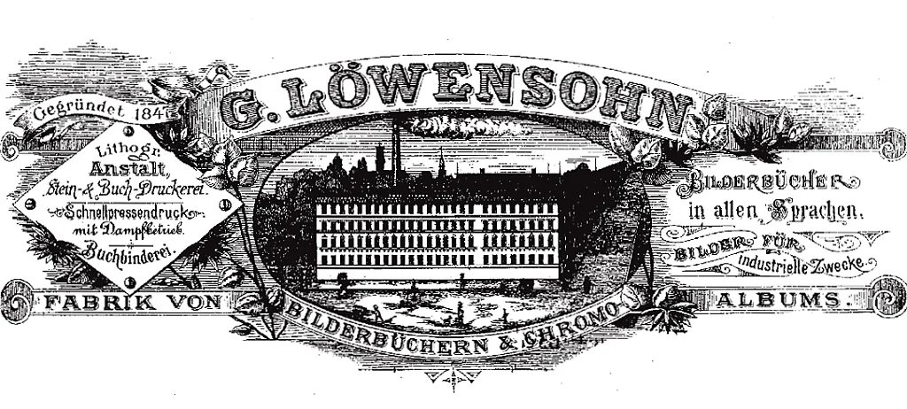 Historical letterhead of the Löwensohn Picture Book Factory from the late 19th century, featuring the factory premises at Sommerstraße 16/18/20 in Fürth, Bavaria.