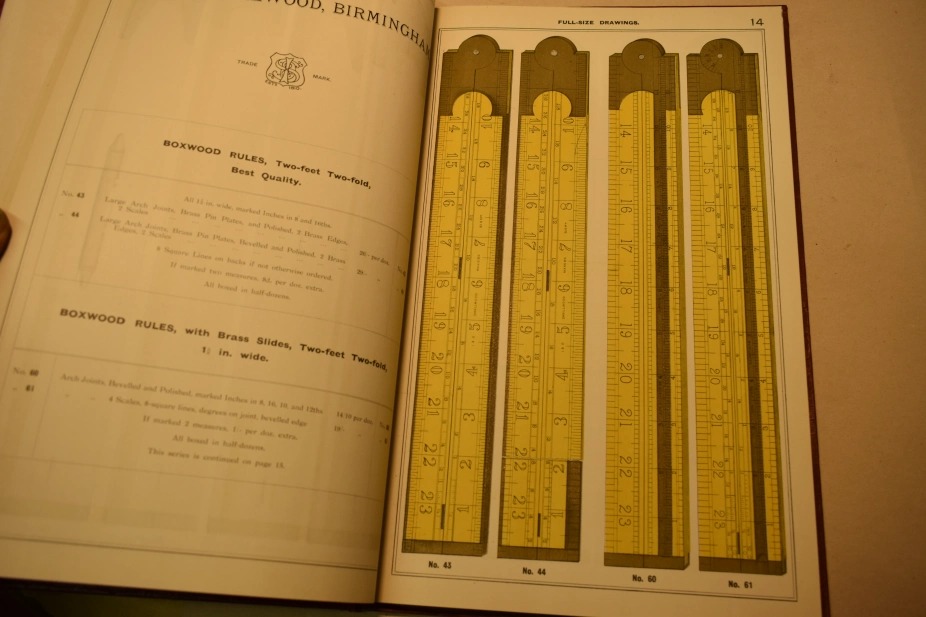 1912 Momentaufnahme: I&D Smallwoods Katalog aus Birmingham mit Buchsbaum-Messgeräten