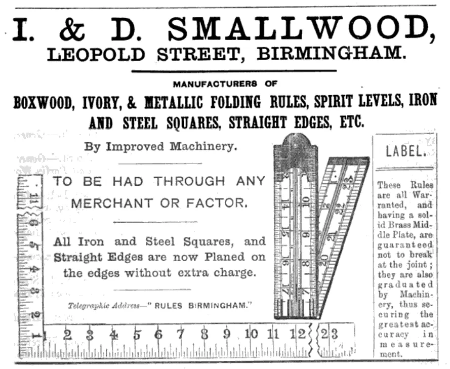 Eine Seite aus dem I&D Smallwood Katalog von 1912, die eine Vielzahl von Präzisionswerkzeugen zeigt, darunter Maßstäbe aus Buchsbaum, Elfenbein, Stahl und Metall, Eisen- und Stahlwinkel sowie Wasserwaagen, alle mit höchsten Genauigkeitsstandards gefertigt.