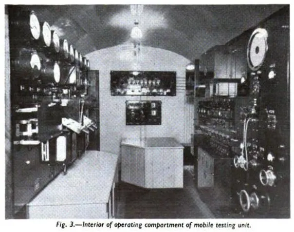 Inside the mobile testing unit, engineers monitored locomotive performance through precision instruments and recorders.