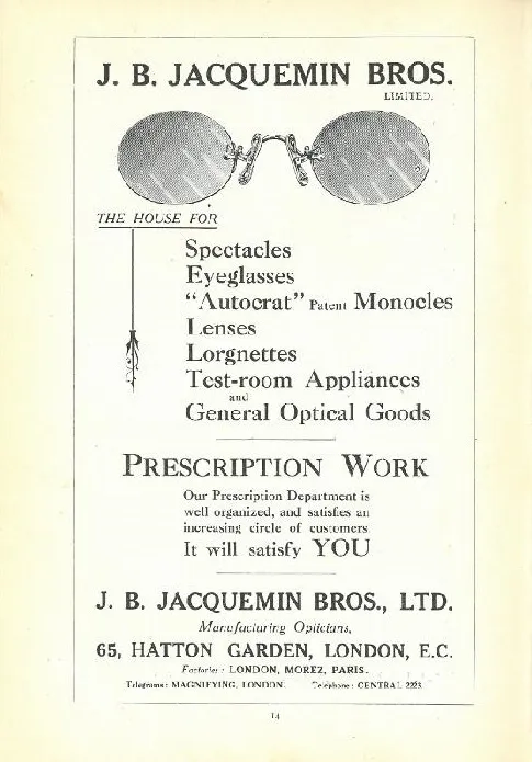 An advertisement from 1912 showcasing J.-B. Jacquemin’s diverse eyewear collection, including interchangeable spectacles and precision optical devices.