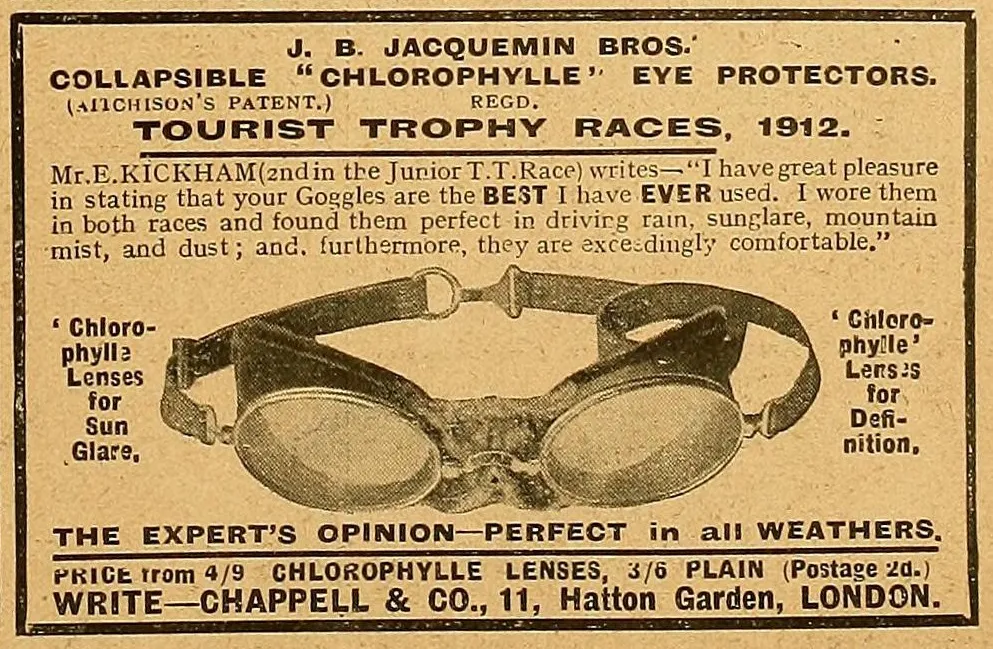 A 1912 advertisement promoting J.-B. Jacquemin’s goggles for motorists and aviators, emphasizing their durability and optical performance.