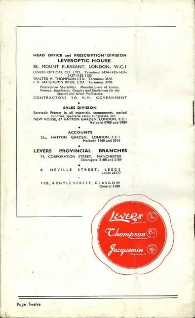 J.-B. Jacquemin Bros. Ltd.’s 1952 London brochure, highlighting their presence in major UK cities and their extensive optical product range.