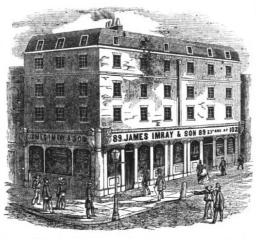 The headquarters of James Imray & Son at 89 and 89A Minories, London, a bustling hub for maritime chartmakers in the 19th century.