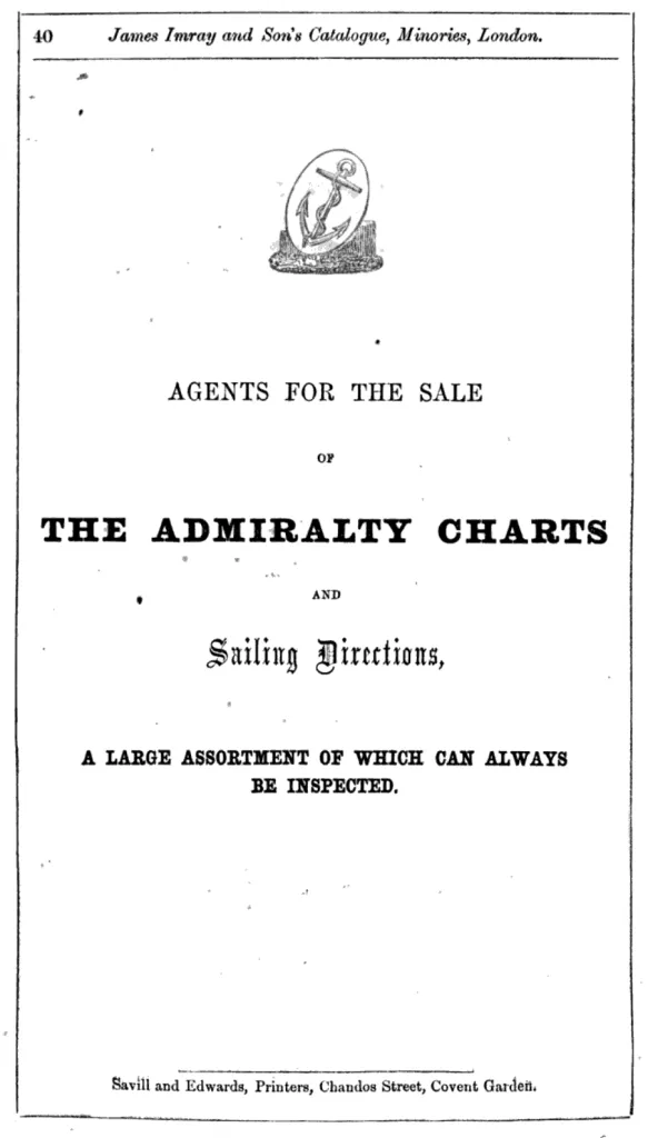 A catalog page from James Imray & Son, advertising their role as official agents for the sale of Admiralty Charts and Sailing Directions.