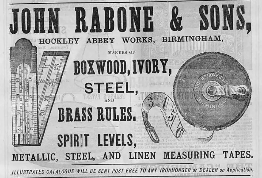 A late 19th-century advertisement showcasing the extensive range of tools manufactured by John Rabone & Sons.