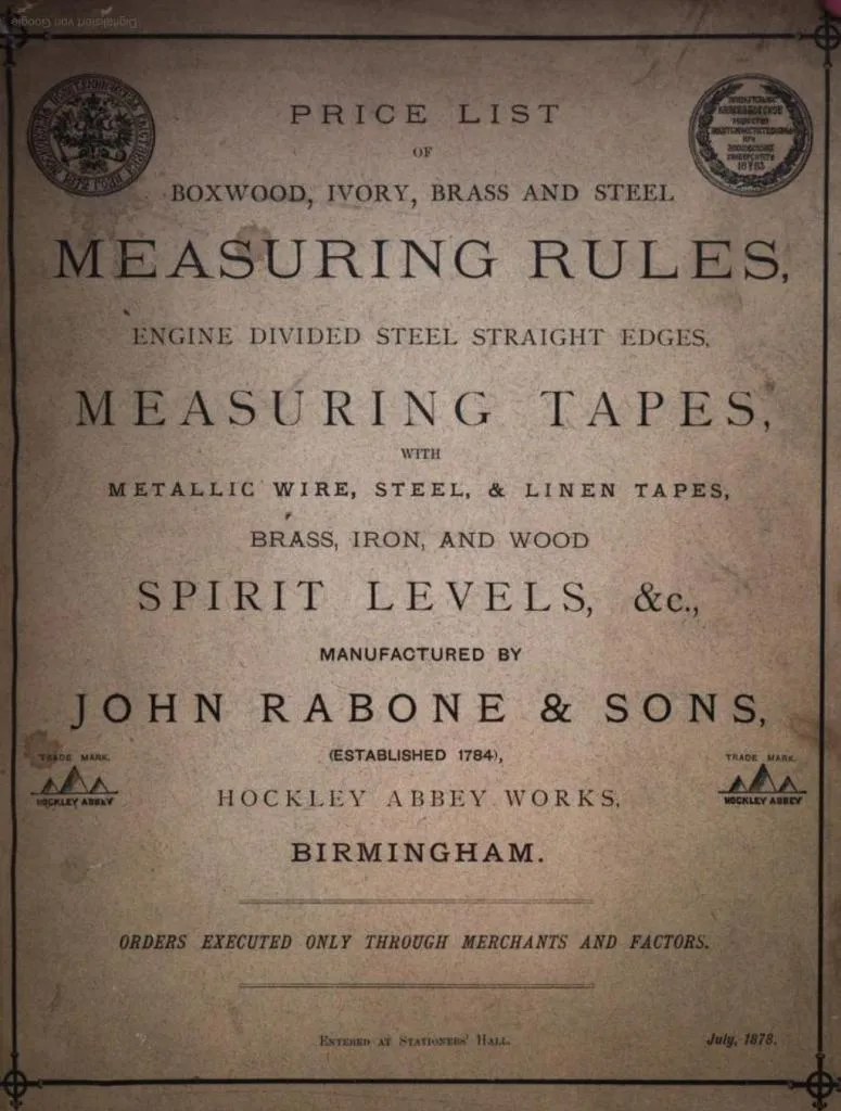 The 1878 price list demonstrates the variety and affordability of John Rabone & Sons’ high-quality measuring tools.