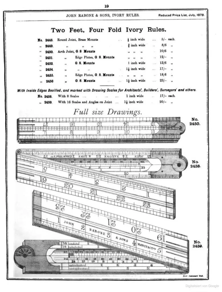 Additional catalog pages highlighting the detailed offerings of John Rabone & Sons, including ivory rules.