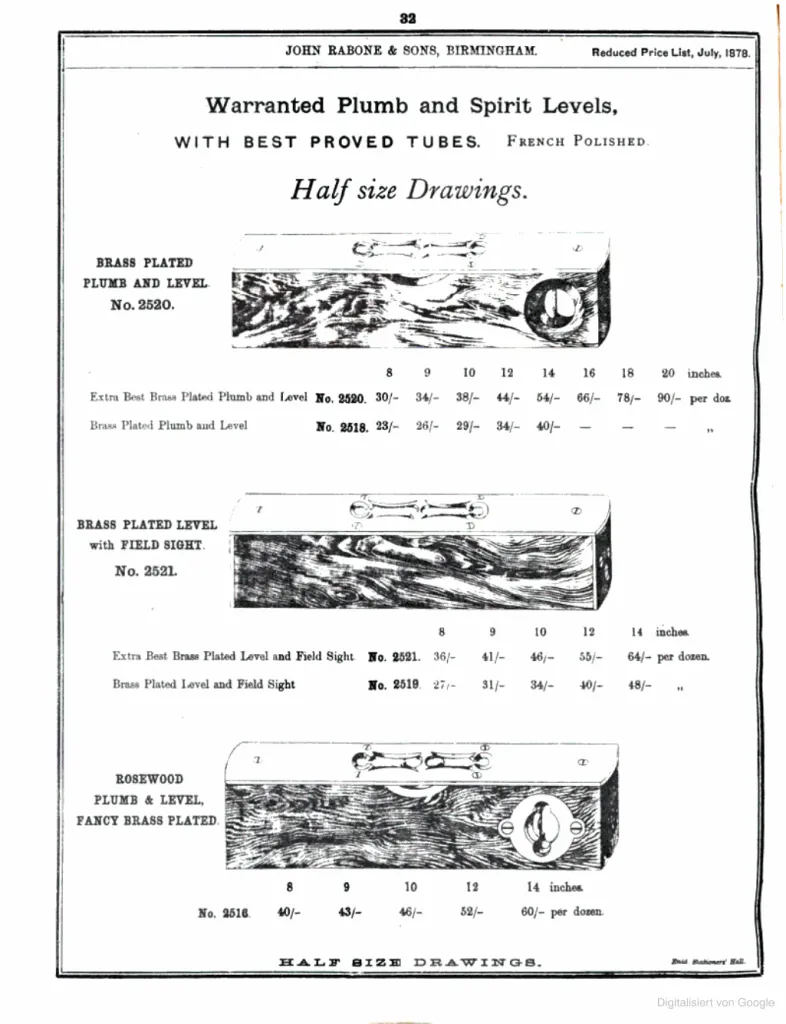 Detailed illustrations and price listings of John Rabone & Sons' warranted plumb and spirit levels from July 1878, showcasing their French-polished finishes and precision craftsmanship.