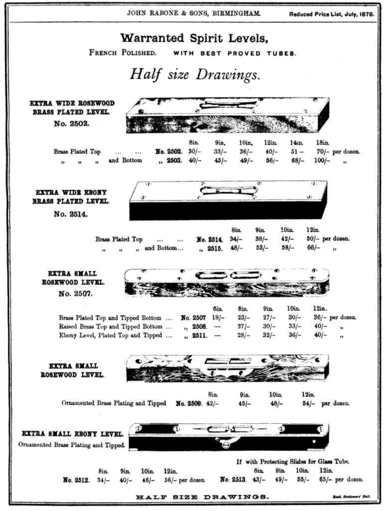 Additional catalog pages highlighting the detailed offerings of John Rabone & Sons, including specialized spirit levels.